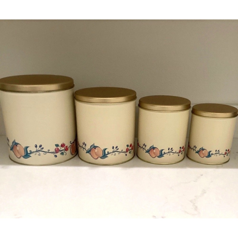 Ballonoff Metal Tin Canister Set Four Sizes Fruit Delight Design 1970's Era